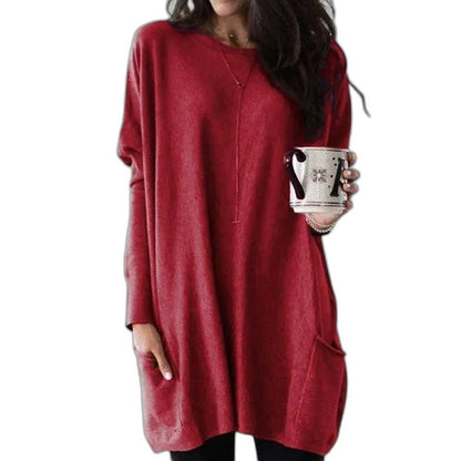 Effortless Pink Knit Sweater for Women with Crew Neck Long Sleeve Oversized Pockets Casual Style