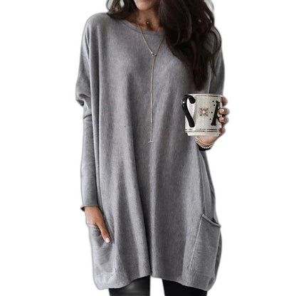 Effortless Pink Knit Sweater for Women with Crew Neck Long Sleeve Oversized Pockets Casual Style