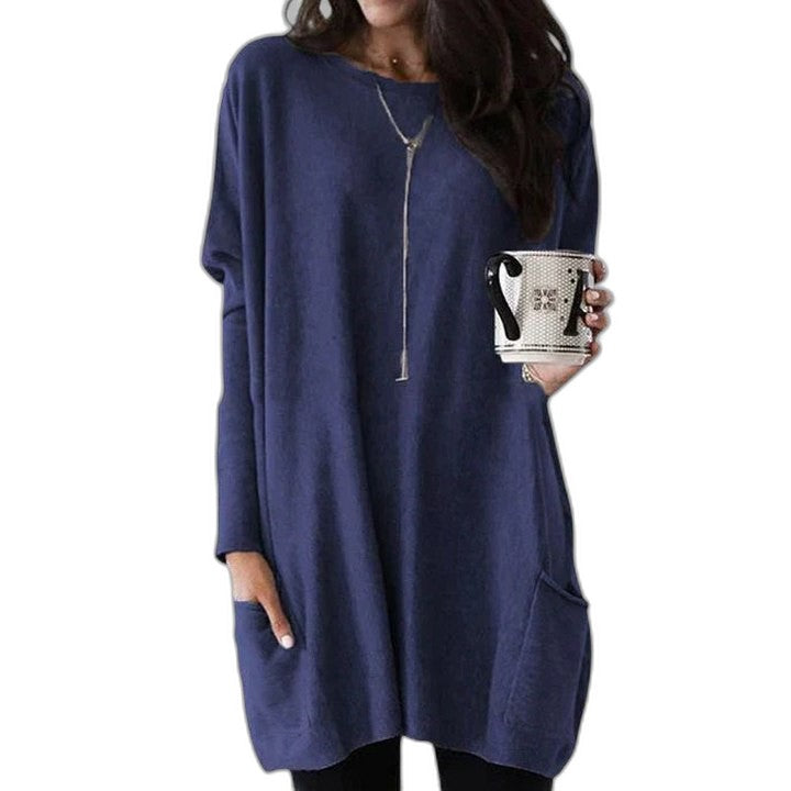 Effortless Pink Knit Sweater for Women with Crew Neck Long Sleeve Oversized Pockets Casual Style