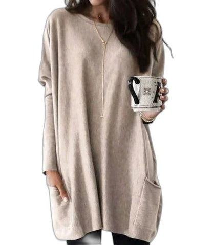 Effortless Pink Knit Sweater for Women with Crew Neck Long Sleeve Oversized Pockets Casual Style