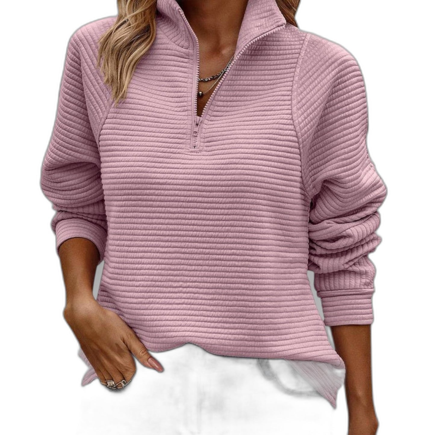 Effortless Pink Knit Sweater for Women with High Neck Long Sleeve Casual Style