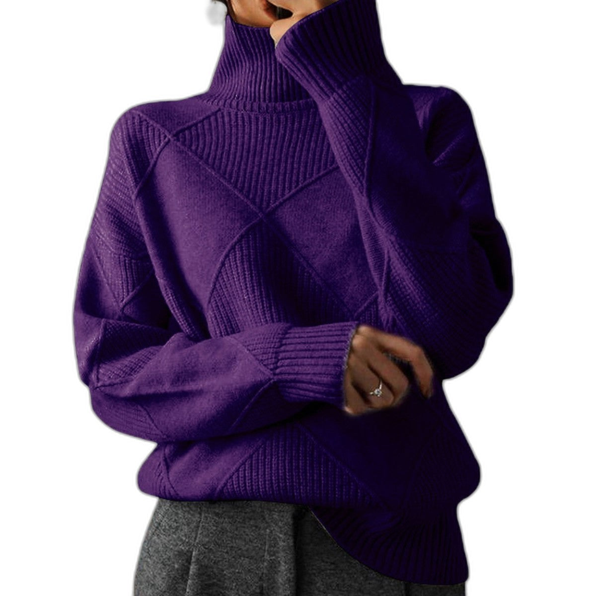 Effortless Pink Knit Sweater for Women with Turtleneck Long Sleeve Oversized Casual Style