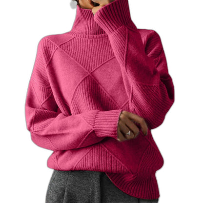 Effortless Pink Knit Sweater for Women with Turtleneck Long Sleeve Oversized Casual Style