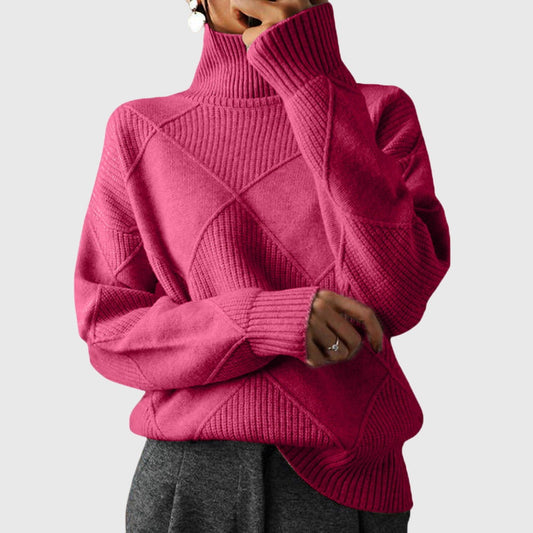 Effortless Pink Knit Sweater for Women with Turtleneck Long Sleeve Oversized Casual Style