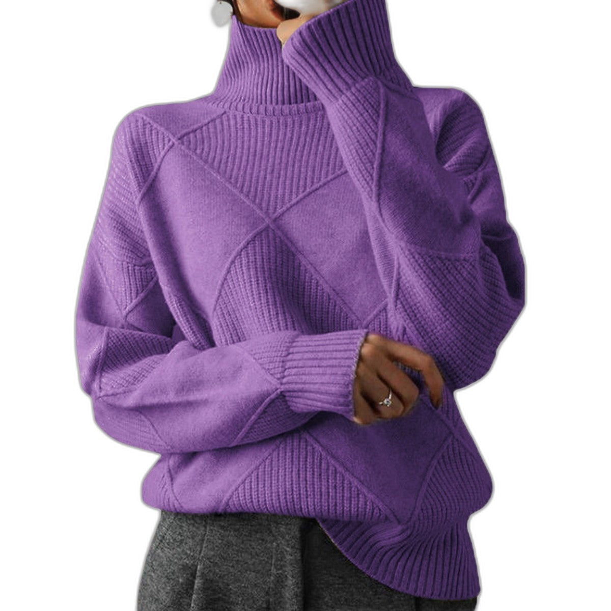 Effortless Pink Knit Sweater for Women with Turtleneck Long Sleeve Oversized Casual Style