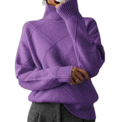 Effortless Pink Knit Sweater for Women with Turtleneck Long Sleeve Oversized Casual Style