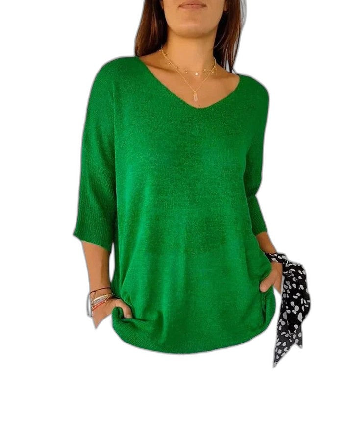 Effortless Pink Knit Sweater for Women with V Neck Long Sleeve Flowing Casual Style