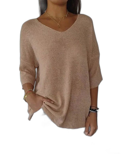 Effortless Pink Knit Sweater for Women with V Neck Long Sleeve Flowing Casual Style