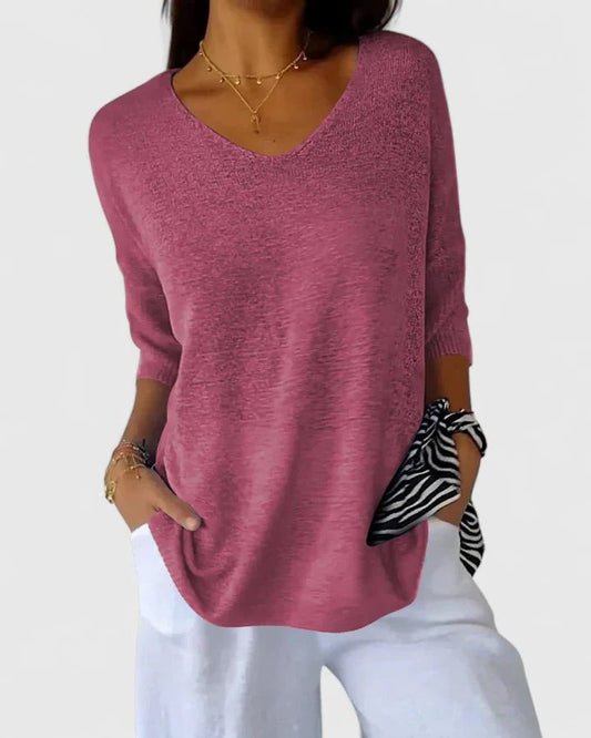 Effortless Pink Knit Sweater for Women with V Neck Long Sleeve Flowing Casual Style