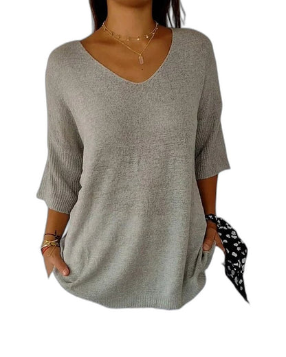 Effortless Pink Knit Sweater for Women with V Neck Long Sleeve Flowing Casual Style