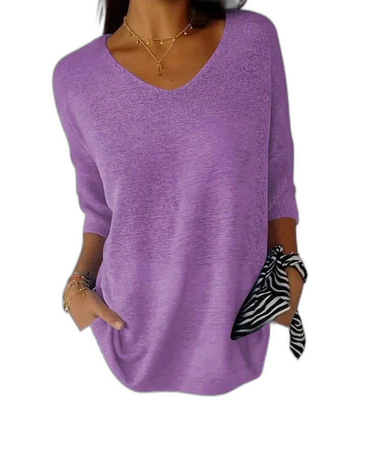 Effortless Pink Knit Sweater for Women with V Neck Long Sleeve Flowing Casual Style