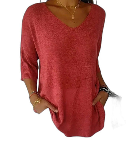 Effortless Pink Knit Sweater for Women with V Neck Long Sleeve Flowing Casual Style