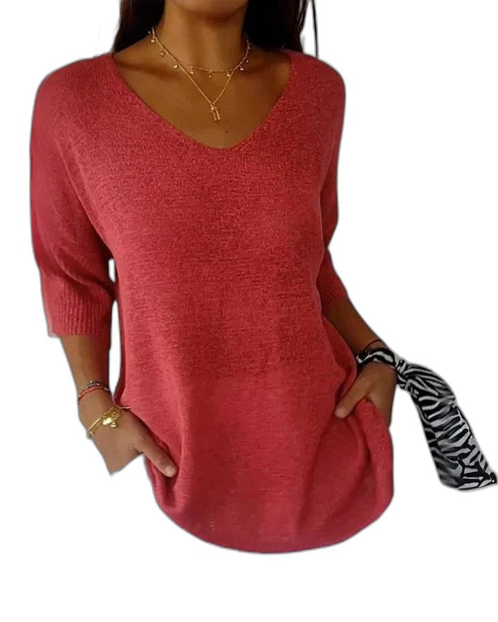 Effortless Pink Knit Sweater for Women with V Neck Long Sleeve Flowing Casual Style