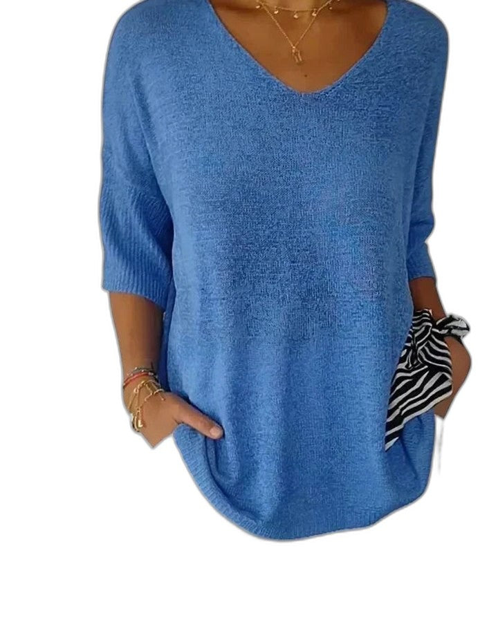 Effortless Pink Knit Sweater for Women with V Neck Long Sleeve Flowing Casual Style