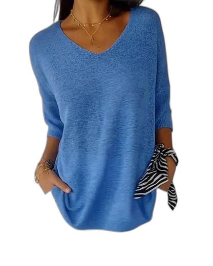 Effortless Pink Knit Sweater for Women with V Neck Long Sleeve Flowing Casual Style