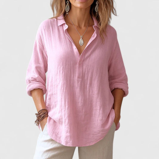 Effortless Pink Linen Blouse for Women with Collared Long Sleeve Button Front Oversized Casual Style