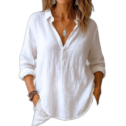 Effortless Pink Linen Blouse for Women with Collared Long Sleeve Button Front Oversized Casual Style