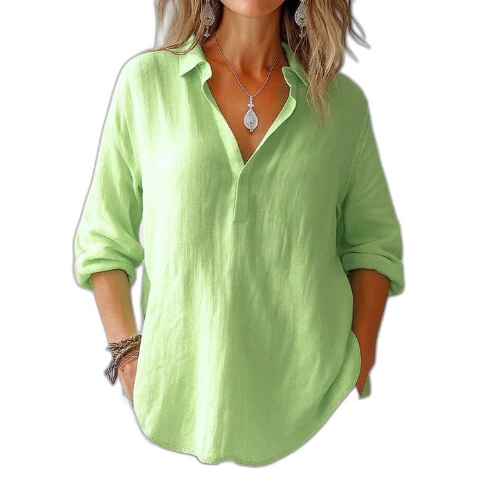 Effortless Pink Linen Blouse for Women with Collared Long Sleeve Button Front Oversized Casual Style