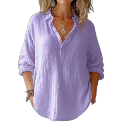 Effortless Pink Linen Blouse for Women with Collared Long Sleeve Button Front Oversized Casual Style
