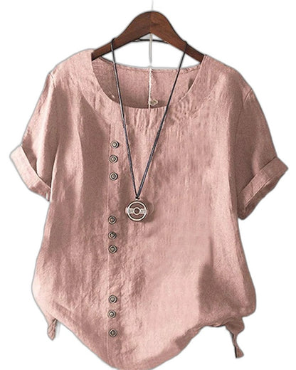 Effortless Pink Linen Blouse for Women with Crew Neck Short Sleeve Button Front Casual Style