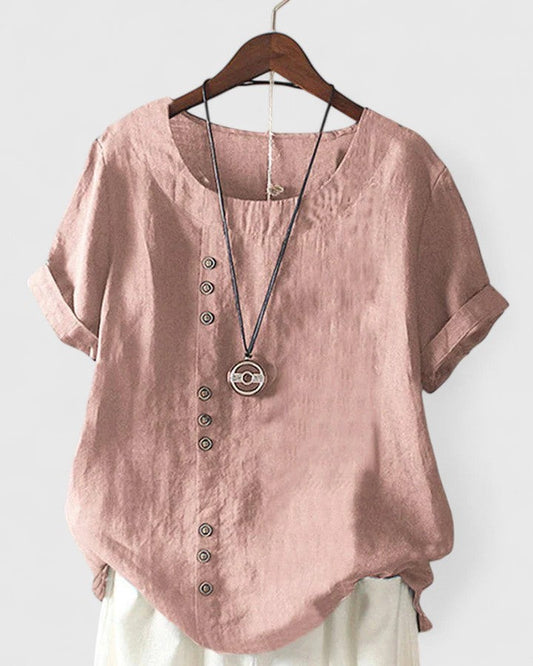 Effortless Pink Linen Blouse for Women with Crew Neck Short Sleeve Button Front Casual Style