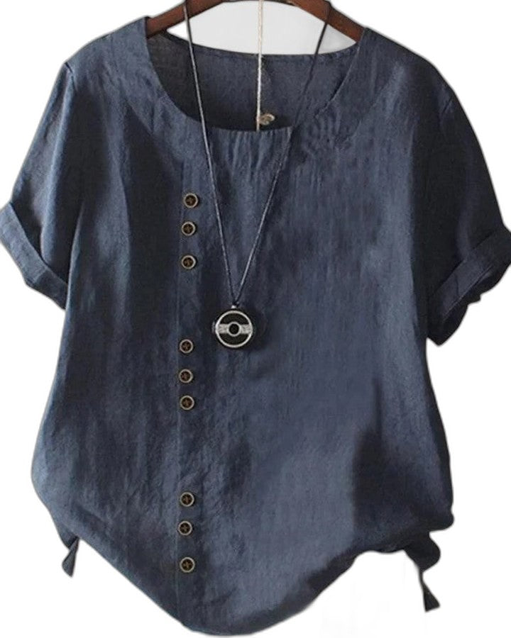 Effortless Pink Linen Blouse for Women with Crew Neck Short Sleeve Button Front Casual Style