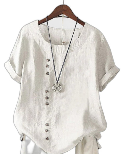 Effortless Pink Linen Blouse for Women with Crew Neck Short Sleeve Button Front Casual Style