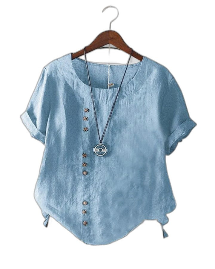 Effortless Pink Linen Blouse for Women with Crew Neck Short Sleeve Button Front Casual Style