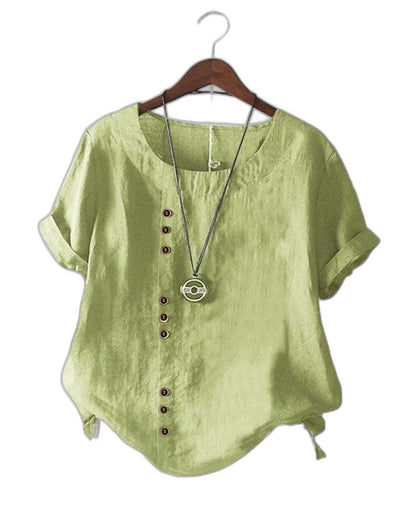 Effortless Pink Linen Blouse for Women with Crew Neck Short Sleeve Button Front Casual Style
