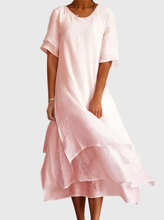 Effortless Pink Linen Midi Dress for Women with Crew Neck Short Sleeve Tiered Flowing Casual Style
