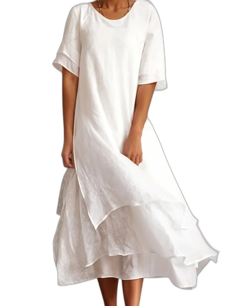 Effortless Pink Linen Midi Dress for Women with Crew Neck Short Sleeve Tiered Flowing Casual Style