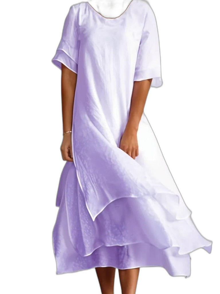 Effortless Pink Linen Midi Dress for Women with Crew Neck Short Sleeve Tiered Flowing Casual Style