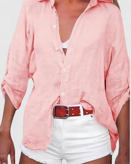 Effortless Pink Linen Shirt for Women with Collared Long Sleeve Button Front Belted Casual Style