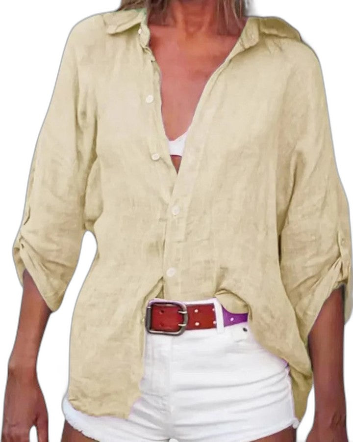 Effortless Pink Linen Shirt for Women with Collared Long Sleeve Button Front Belted Casual Style