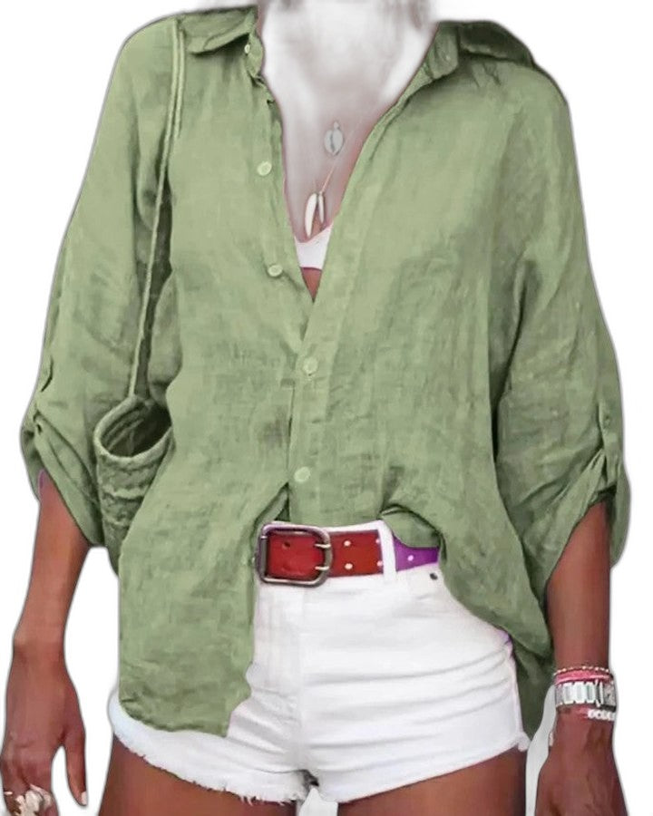 Effortless Pink Linen Shirt for Women with Collared Long Sleeve Button Front Belted Casual Style