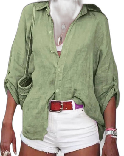 Effortless Pink Linen Shirt for Women with Collared Long Sleeve Button Front Belted Casual Style