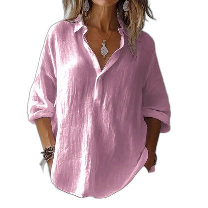 Effortless Pink Linen Shirt for Women with Collared Long Sleeve Button Front Oversized Casual Style