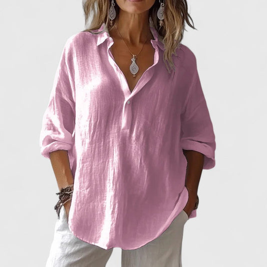 Effortless Pink Linen Shirt for Women with Collared Long Sleeve Button Front Oversized Casual Style