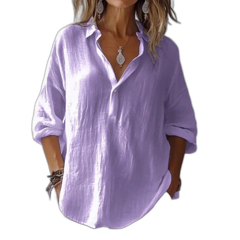 Effortless Pink Linen Shirt for Women with Collared Long Sleeve Button Front Oversized Casual Style
