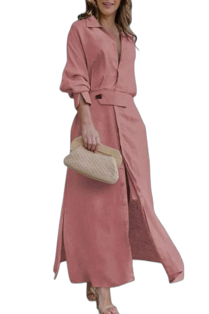 Effortless Pink Maxi Dress for Women with Collared Long Sleeve Button Front Belted Casual Style