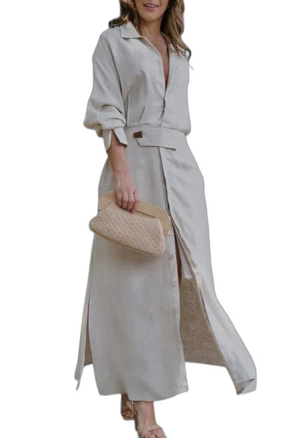Effortless Pink Maxi Dress for Women with Collared Long Sleeve Button Front Belted Casual Style