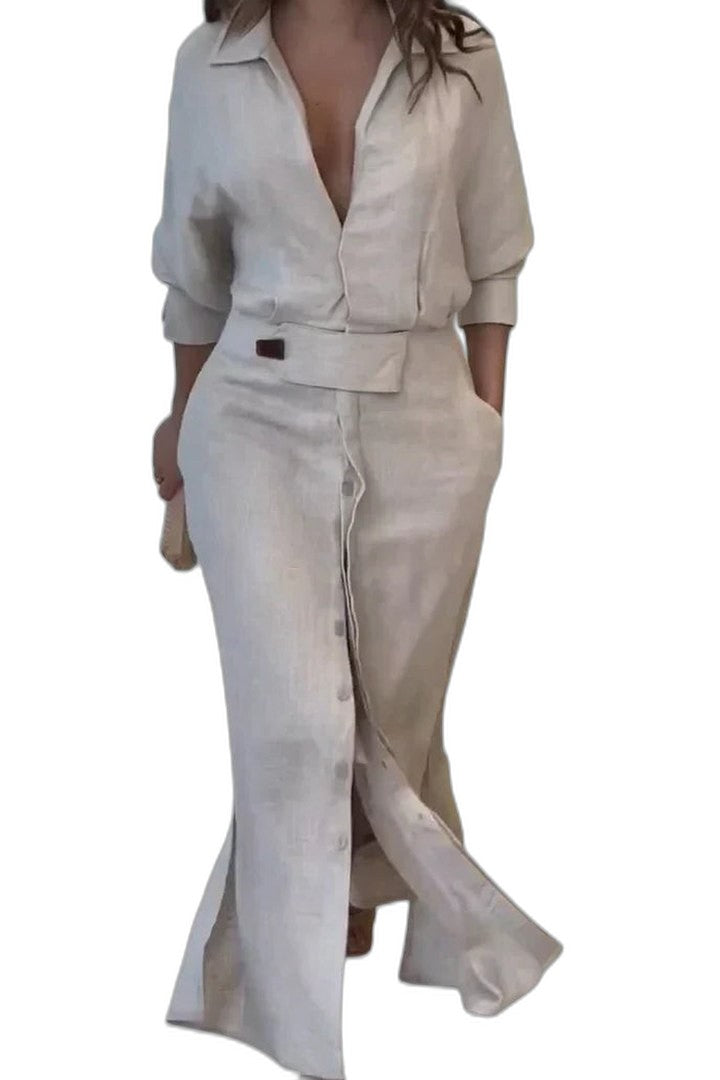 Effortless Pink Maxi Dress for Women with Collared Long Sleeve Button Front Belted Casual Style