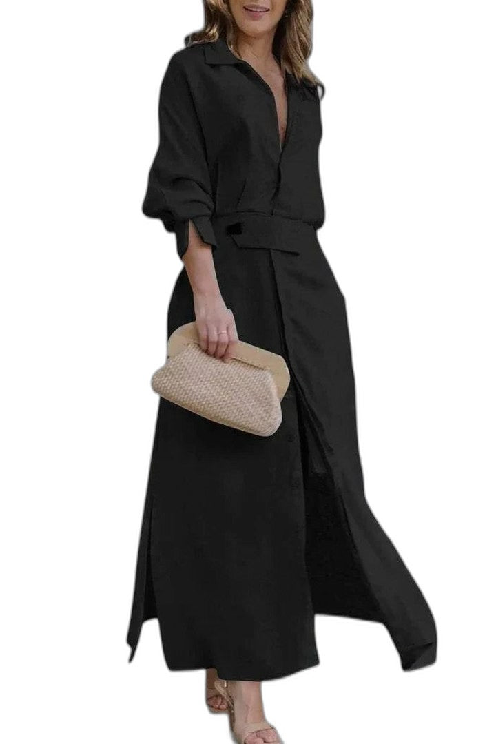 Effortless Pink Maxi Dress for Women with Collared Long Sleeve Button Front Belted Casual Style