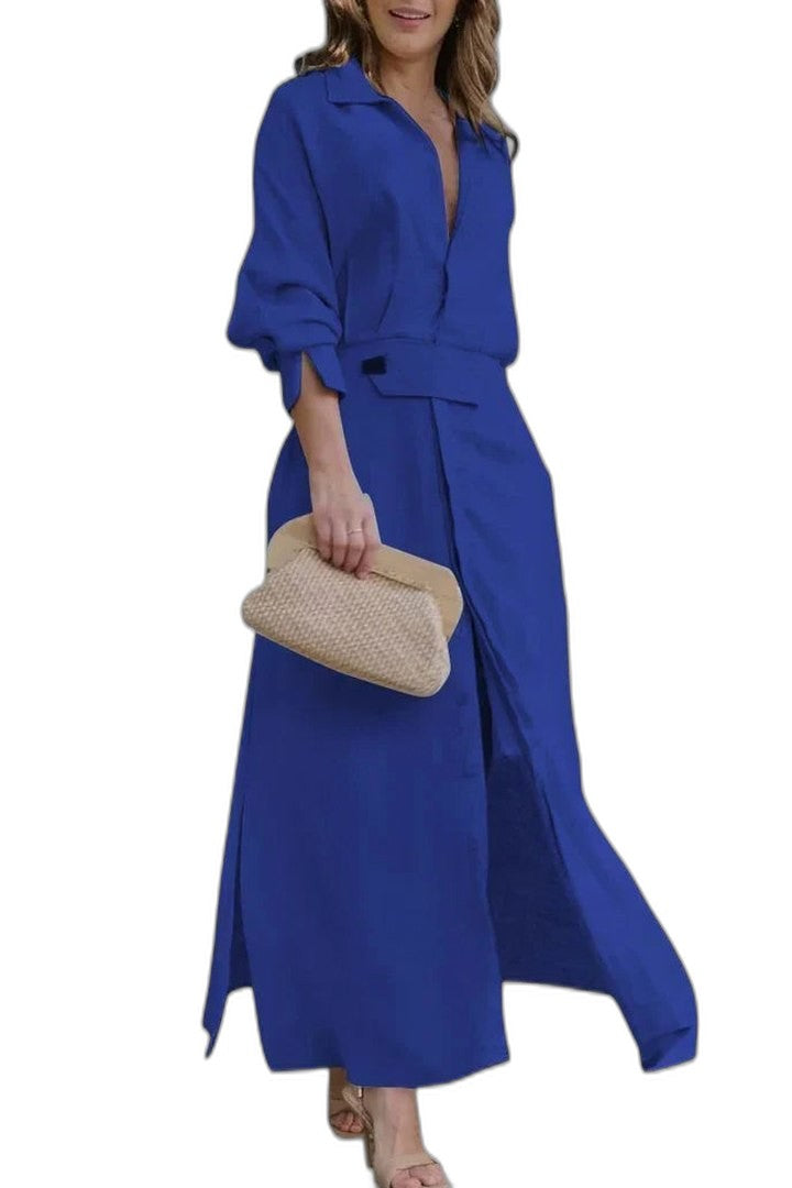 Effortless Pink Maxi Dress for Women with Collared Long Sleeve Button Front Belted Casual Style