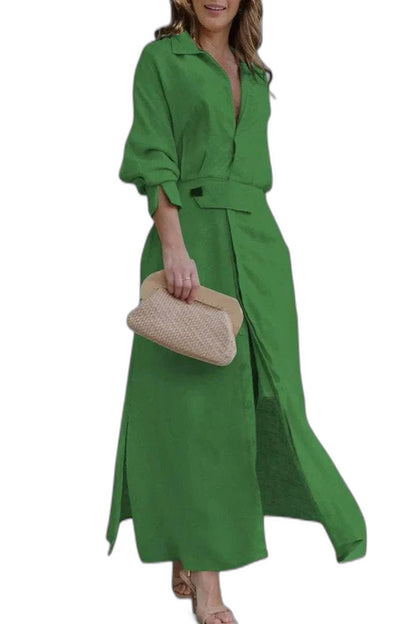 Effortless Pink Maxi Dress for Women with Collared Long Sleeve Button Front Belted Casual Style
