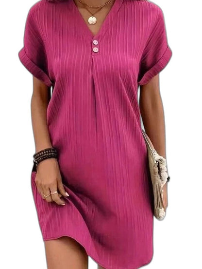 Effortless Pink Mini Dress for Women with V Neck Short Sleeve Button Front Flowing Casual Style