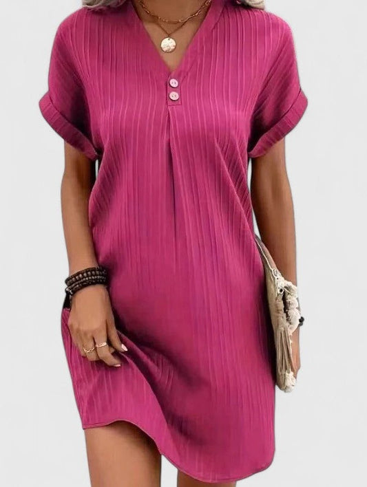 Effortless Pink Mini Dress for Women with V Neck Short Sleeve Button Front Flowing Casual Style