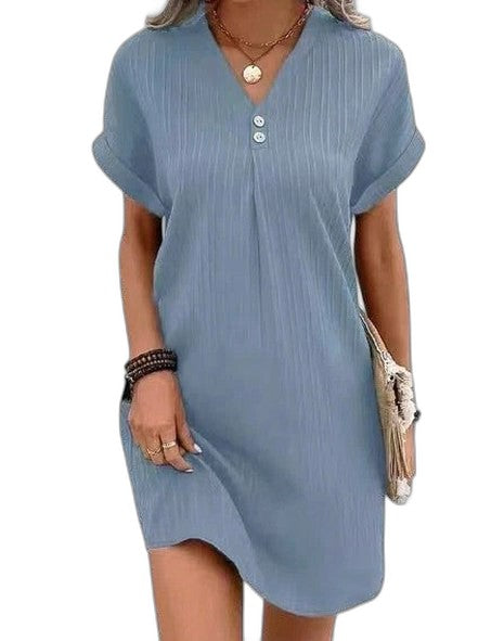Effortless Pink Mini Dress for Women with V Neck Short Sleeve Button Front Flowing Casual Style