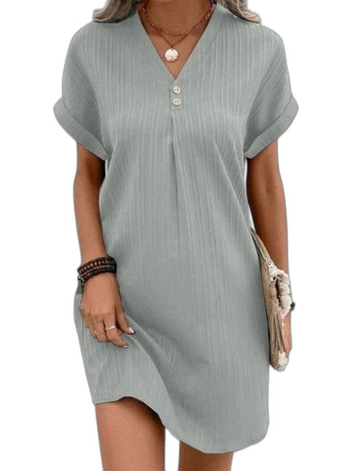 Effortless Pink Mini Dress for Women with V Neck Short Sleeve Button Front Flowing Casual Style