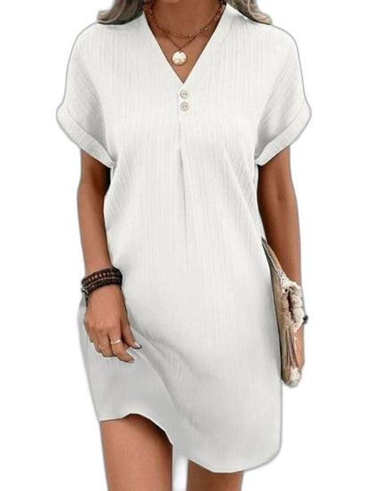 Effortless Pink Mini Dress for Women with V Neck Short Sleeve Button Front Flowing Casual Style